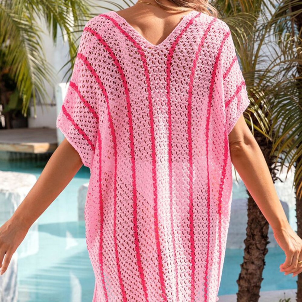 NWOT Pink Striped Crochet Loose Fit V Neck Beach Cover Up - Picture 3 of 7